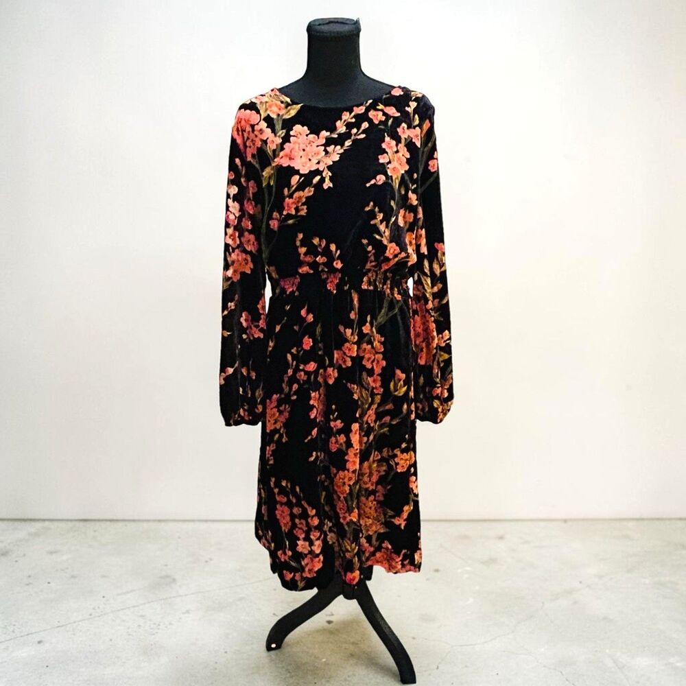 Coldwater Creek Dress Size 14 Velvet Floral Burnout Long Sleeve Whimsigoth Fall